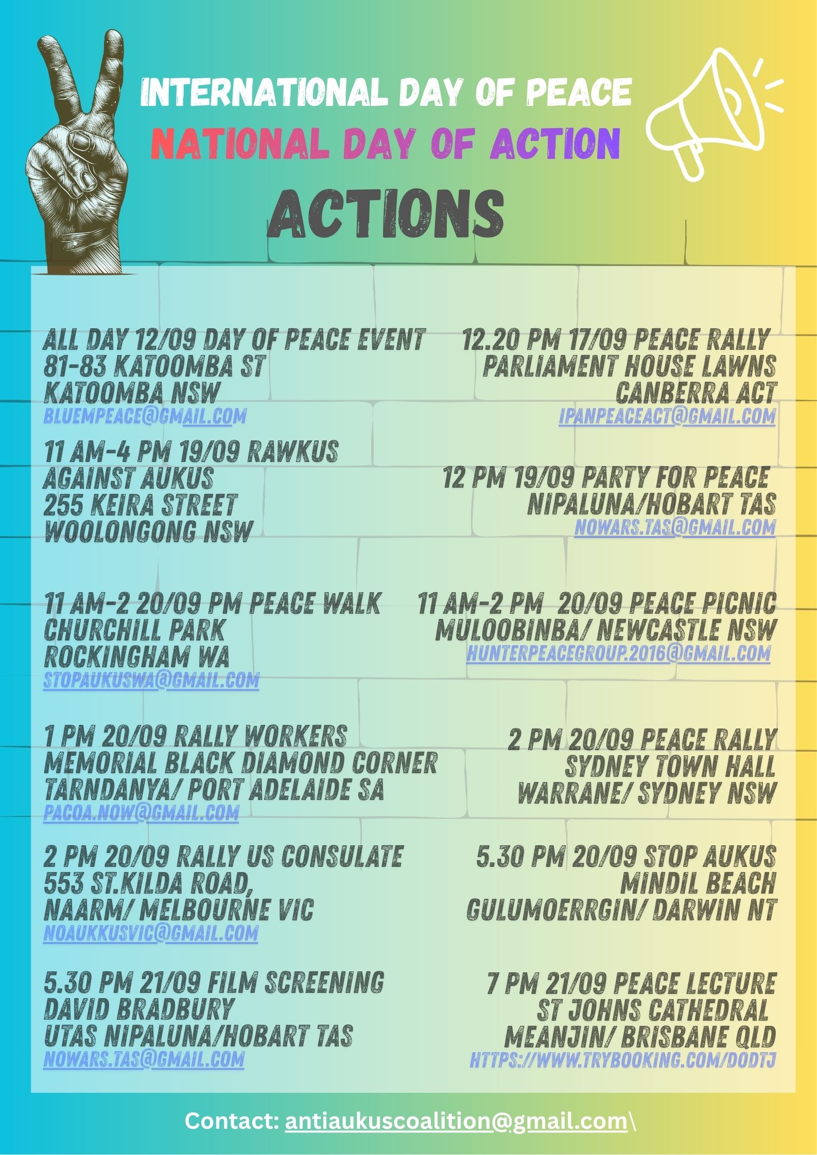 International Day of Peace – National Day of Action, 20 September. Click for events, actions and resources.
